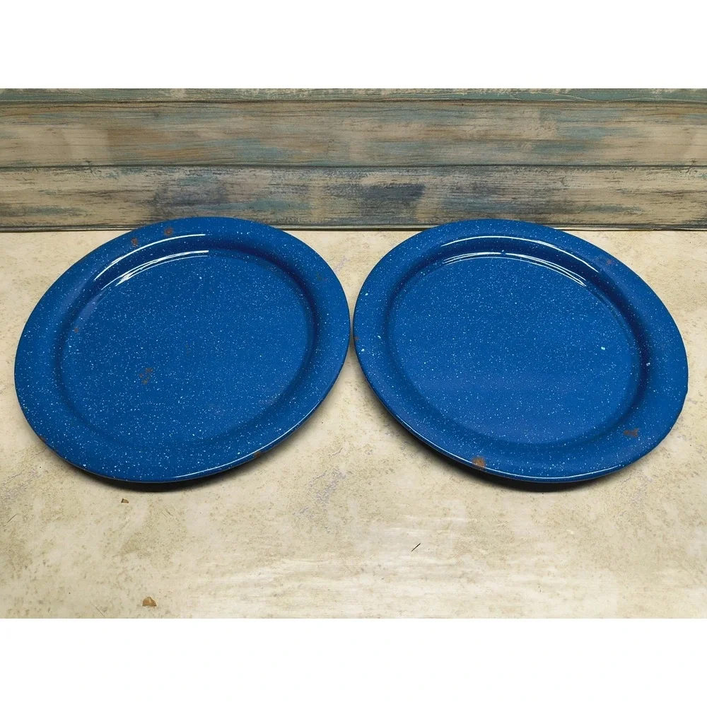 Lot Of 2 Vintage Granite Wear Blue Speckle Enamel Ware Plate‎